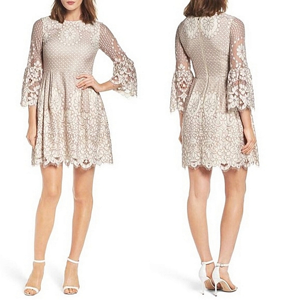 Eliza J Cocktail Bell Sleeve Floral Ivory Lace Cocktail Dress w/ Pockets size 8